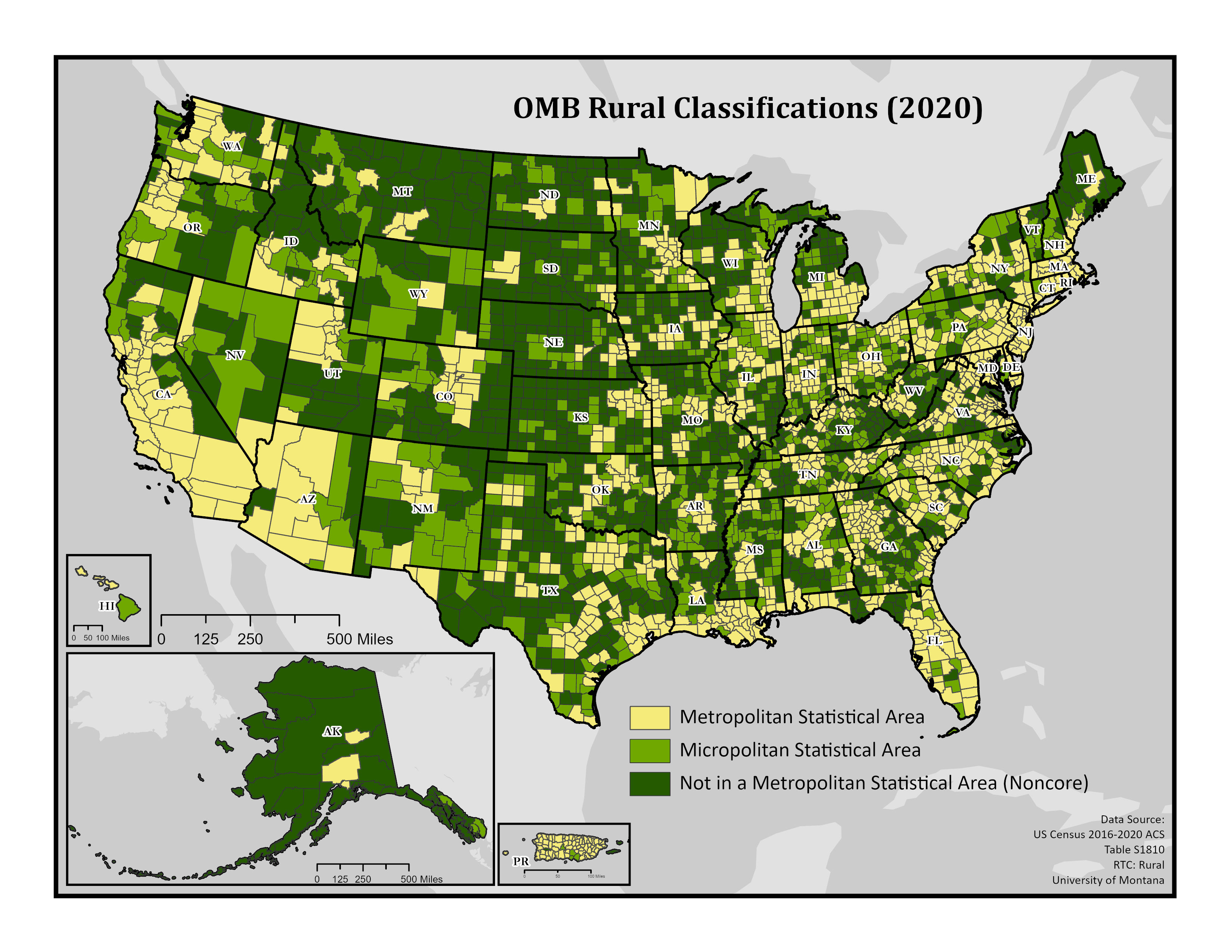 A map showing the distribution of metropolitan, micropolitan and noncore counties across the US (including Puerto Rico). There are 1,251 metropolitan counties which are shown in yellow. There are fewer metropolitan counties, 665 and these are shown in light green. More counties are noncore, the most "rural", with 1,305 dark green counties. 